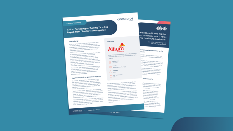 image shows a case study on a blue background discussing how Altium Packaging automated their payroll with OSV and reduced payroll errors