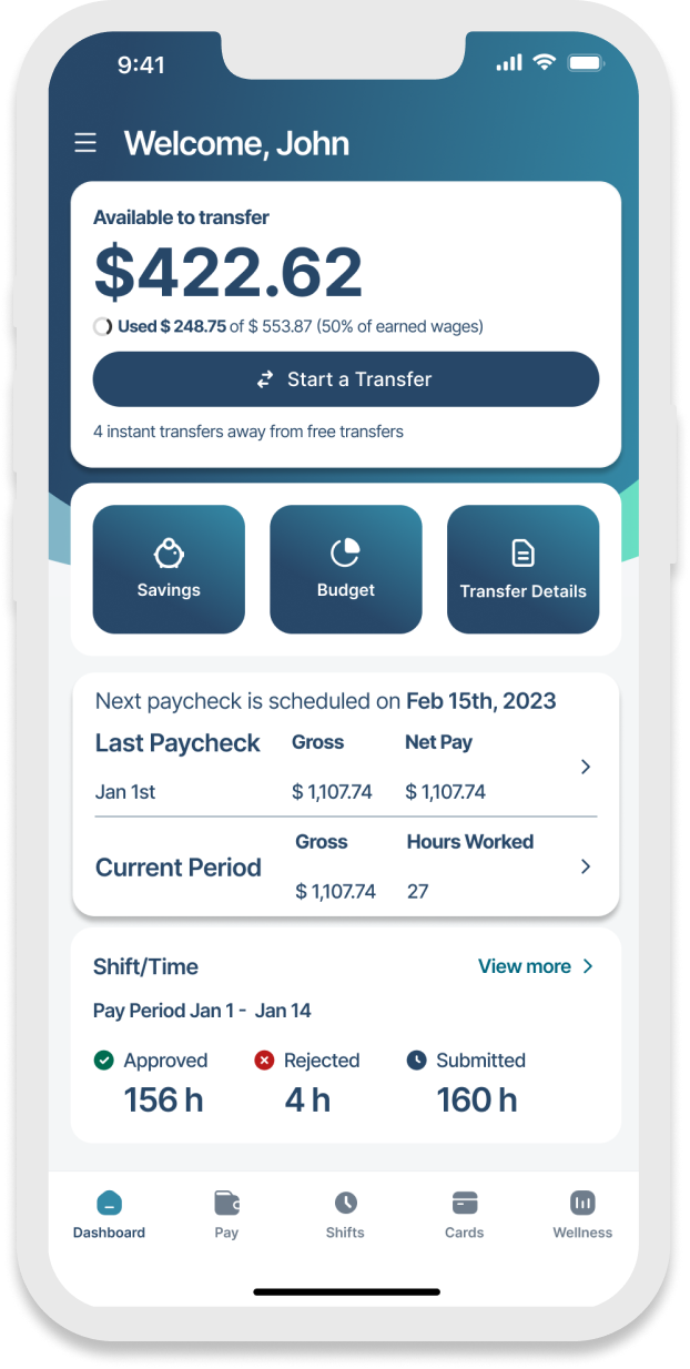 image shows an iPhone displaying an employee financial well-being app